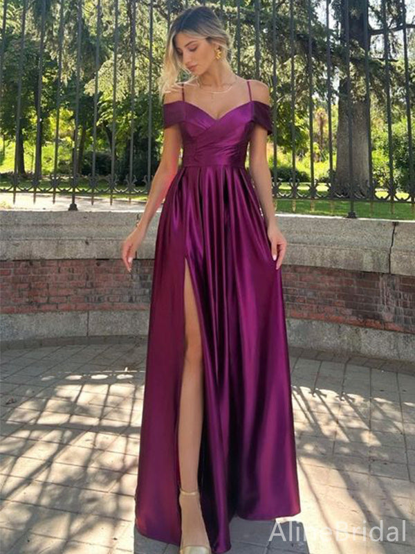 Gorgeous V-neck Spaghetti Strap Off-Shoulder A-line Side Split Long Prom Dress,Evening Dress,PD382212