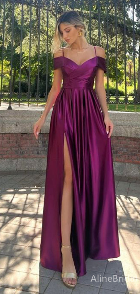 Gorgeous V-neck Spaghetti Strap Off-Shoulder A-line Side Split Long Prom Dress,Evening Dress,PD382212