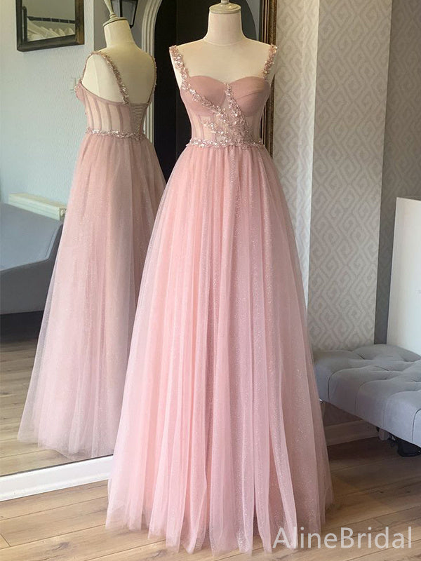 See Through Pink Sweetheart Spaghetti Strap A-line Long Prom Dress,Evening Dress,PD382213