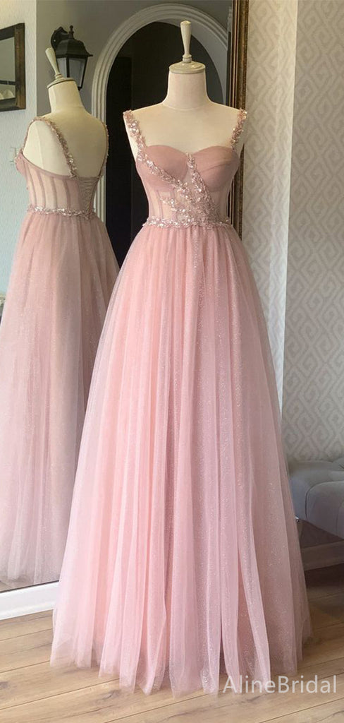 See Through Pink Sweetheart Spaghetti Strap A-line Long Prom Dress,Evening Dress,PD382213