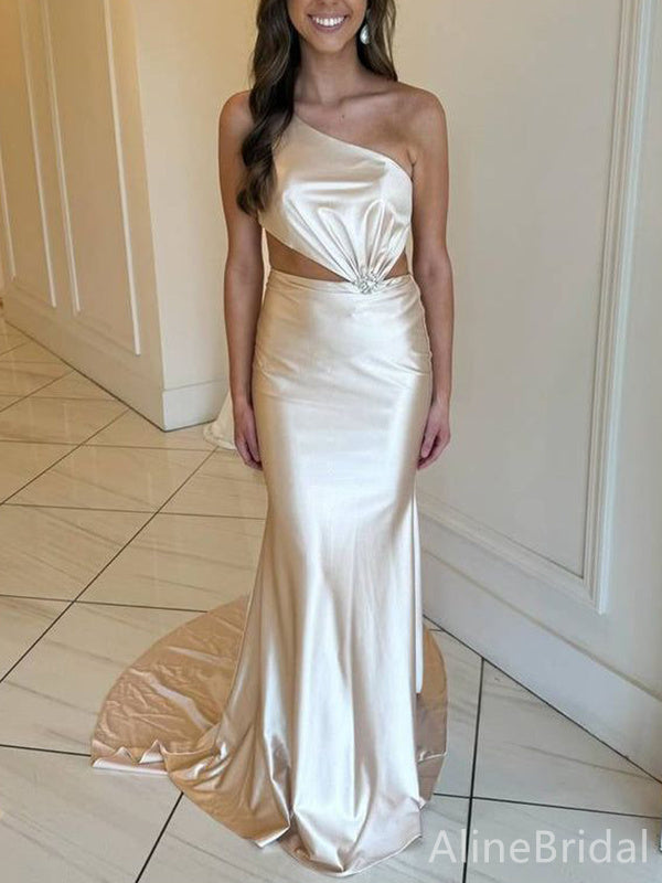 Sexy One Shoulder Champagne Mermaid Pleats Long Prom Dress,Evening Dress,PD382215