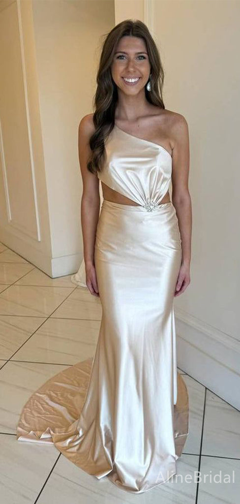 Sexy One Shoulder Champagne Mermaid Pleats Long Prom Dress,Evening Dress,PD382215