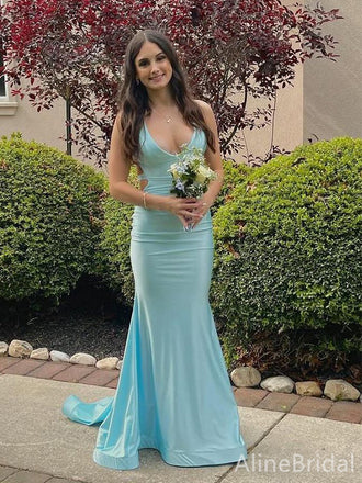 Elegant Blue V-neck Backless Long Mermaid Prom Dress, Evening Dress, PD382217
