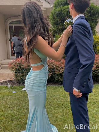 Elegant Blue V-neck Backless Long Mermaid Prom Dress, Evening Dress, PD382217