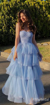 Gorgeous Blue Sweetheart Strapless A-line Long Layered Tulle Prom Dress, Evening Dress, PD382219