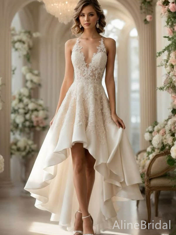 Elegant Ivory V-neck A-line High-Low Lace Wedding Reception Dress, HD3 AlineBridal Elegant Ivory V-neck A-line High-Low Lace Wedding Reception Dress, HD3 AlineBridal