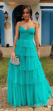 Elegant Teal Sweetheart Strapless A-line Long Tiered Tulle Prom Dress, Evening Dress, PD382221