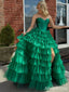Elegant V-neck Strapless Green Side Slit A-line Long Prom Dress,Evening Dress,PD382222