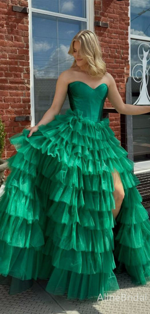 Elegant V-neck Strapless Green Side Slit A-line Long Prom Dress,Evening Dress,PD382222