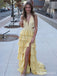 Unique Deep V-neck Yellow Side Slit A-line Long Prom Dress,Evening Dress,PD382223