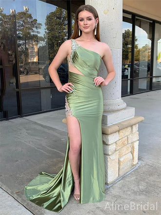 Elegant Green One Shoulder Backless Appliques Long Mermaid Prom Dress Side Slit, Evening Dress,PD382225