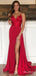 Elegant V-neck Spaghetti Strap Red Side Slit A-line Long Prom Dress,Evening Dress,PD382227