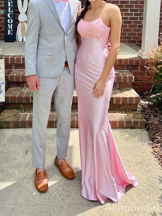 Gorgeous Pink Lace Appliques Spaghetti Strap Mermaid Long Prom Dress,Evening Dress,PD382229