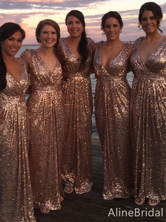 Sparkly V-neck A-line Long Bridesmaid Dress,PD3241