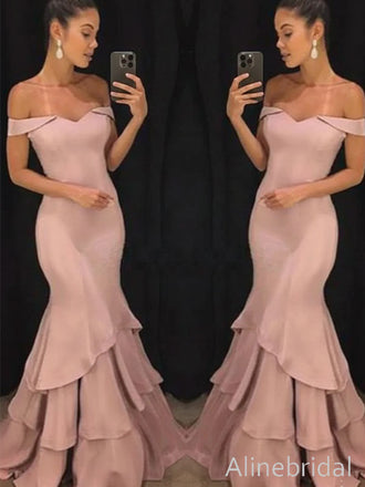 Elegant Pink Off Shoulder Ruffled Tiered Mermaid Long Prom Dress, Evening Dress, PD3823006