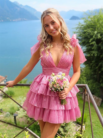 Hot Pink V-neck Tie Shoulder A-line Tiered Homecoming Dress, HD3226