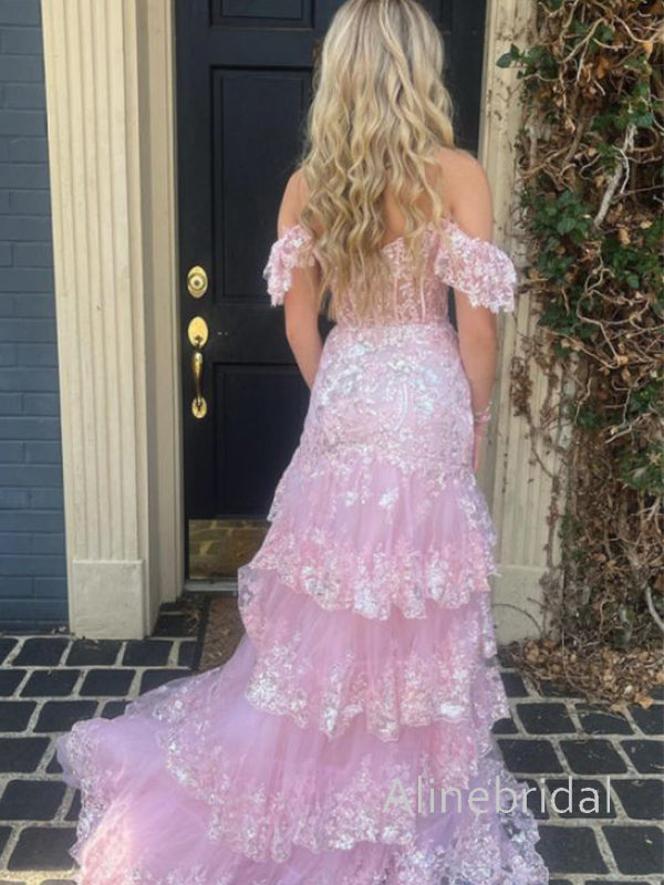 Sparkly Pink Off the Shoulder Lce Ruffles Tiered Mermiad Prom Dress, Evening Dress, PD382292