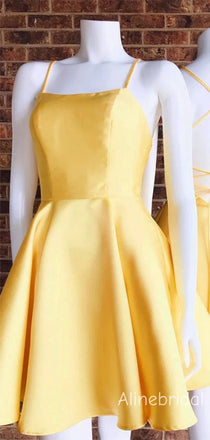 Elegant Spaghetti Lace-up Back A-line Yellow Soft Satin Short Homecoming Dress, Prom DressPD382246