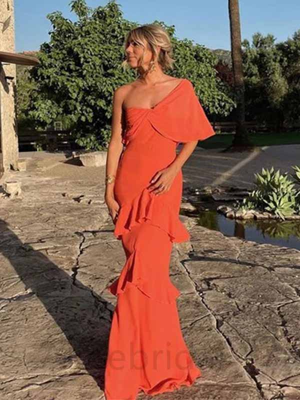 Elegant One Shoulder Burnt Orange Ruffle Mermaid Long Prom Dress, PD36 AlineBridal Elegant One Shoulder Burnt Orange Ruffle Mermaid Long Prom Dress, PD36 AlineBridal