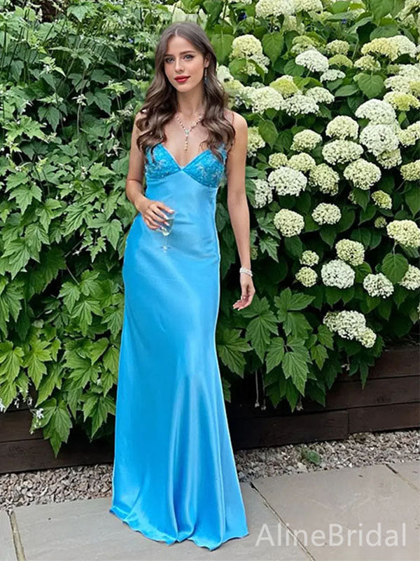 Blue Spaghetti Straps Mermaid Prom Dress with Tie-Back, Floor-Length E AlineBridal Blue Spaghetti Straps Mermaid Prom Dress with Tie-Back, Floor-Length E AlineBridal