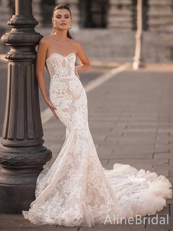 Elegant Sweatheart Strapless Mermaid Long Lace Wedding Dresses, WD3060