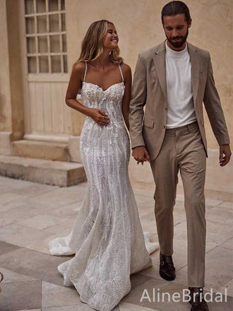 Elegant Sweatheart Spaghetti Strap Mermaid Long Wedding Dresses,WD3064