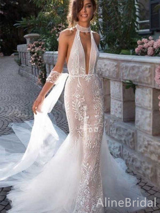 Elegant Halter V-neck Backless Mermaid Lace Wedding Dresses,WD3066