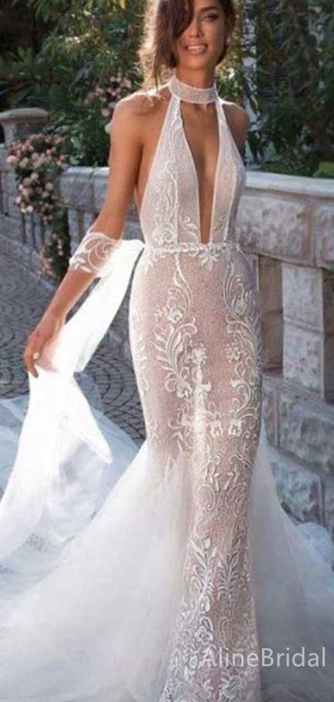 Elegant Halter V-neck Backless Mermaid Lace Wedding Dresses,WD3066