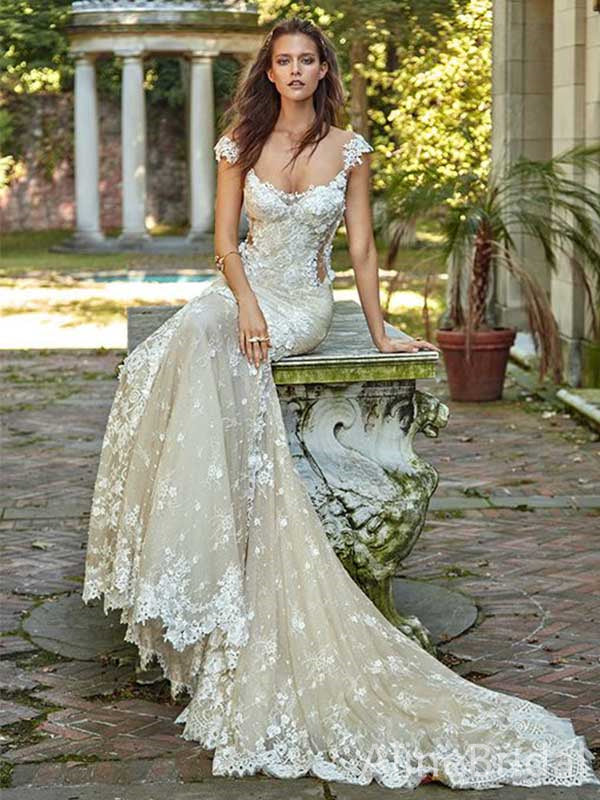 Elegant Off-Shoulder Lace Appliques Mermaid Long Wedding Dresses,WD3067