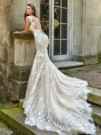 Elegant Off-Shoulder Lace Appliques Mermaid Long Wedding Dresses,WD3067