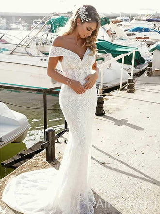 Elegant V-neck Off-Shoulder Mermaid Long Wedding Dresses with Train, WD3069