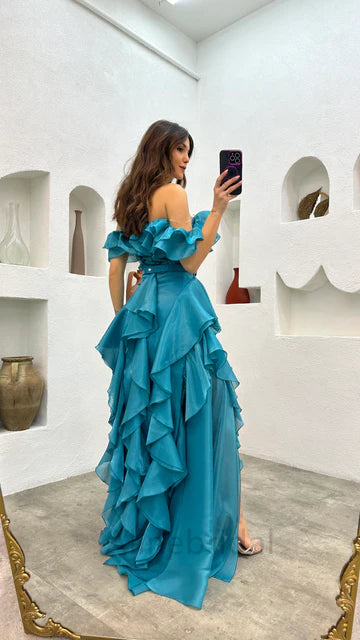 Ruffle Off Shoulder Side Slit Sleeveless A-line Floor length Prom Dress, PD3725