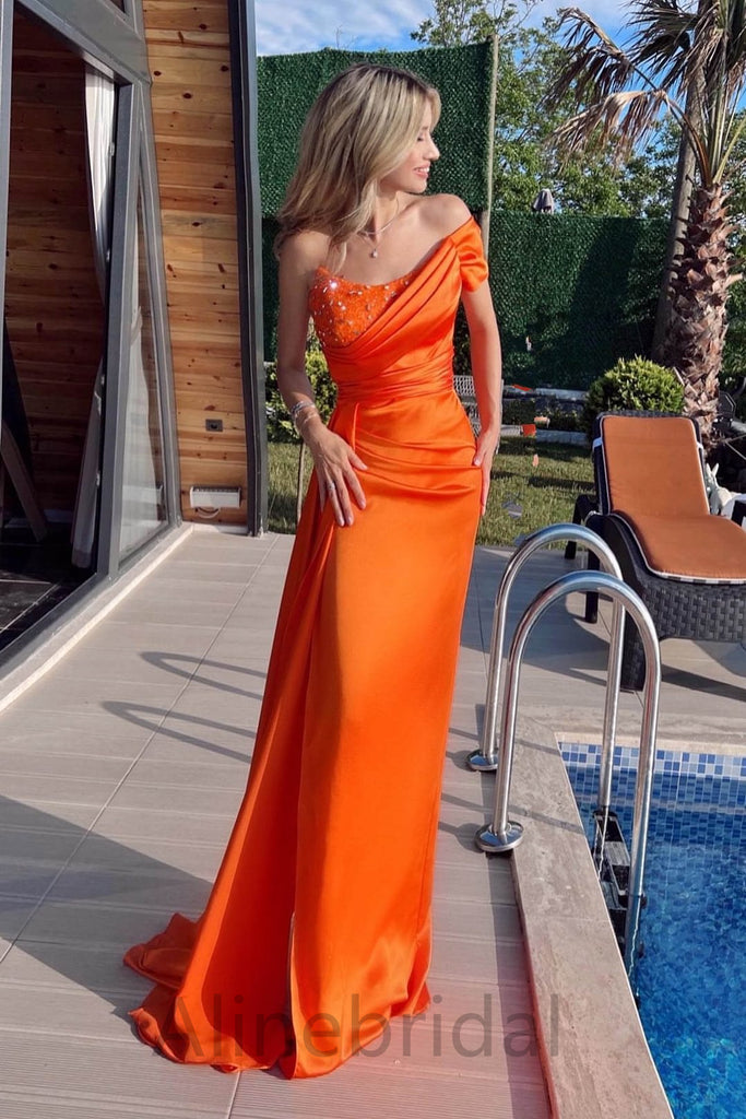Orange One Shoulder Sleeveless Mermaid Long Prom Dress, PD3732