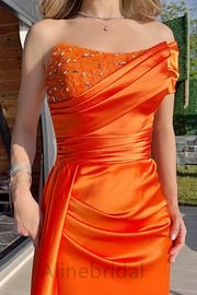 Elegant One Shoulder Strapless Beadings Mermaid Long Prom Dress, PD3732