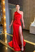 Red One Shoulder Sleeveless Side Slit Mermaid Long Prom Dress, PD3733