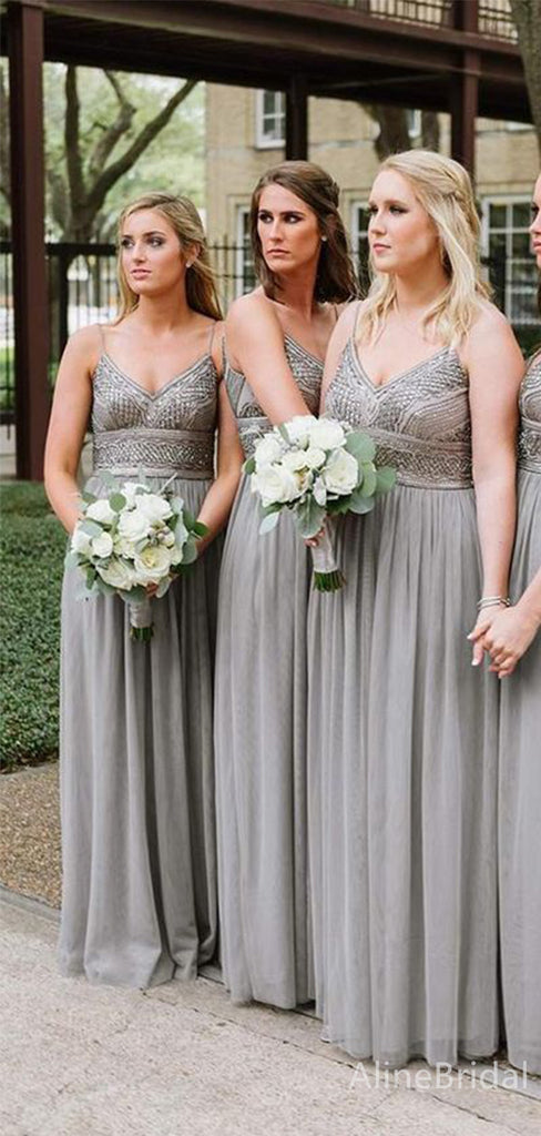 Elegant V-neck Spaghetti Strap A-line Long Bridesmaid Dress,PD3253