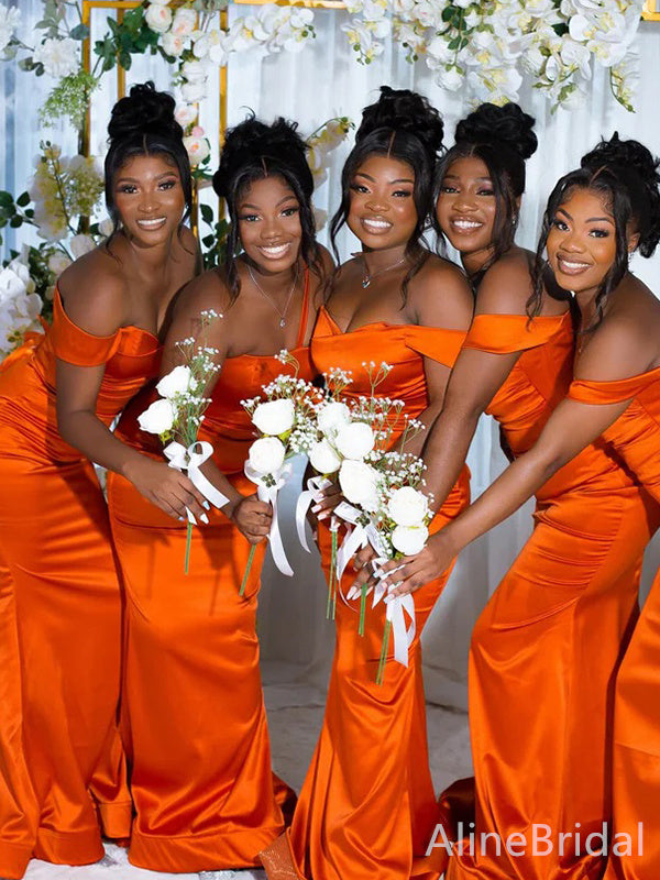 Elegant Burnt Orange Off the Shoulder Mermaid Long Bridesmaid Dress, P – AlineBridal