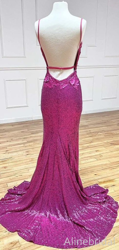 Sexy Hot Pink 3-D Floral High Slit Mermaid Prom Dress-Deep V-neck Evening Gown, PD37916