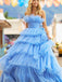 Blue Elegant Strapless Sleeveless A-line Long Prom Dress, PD3625
