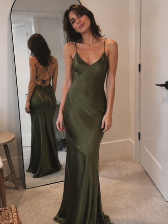 Elegant Olive Green Spaghetti Strap Backless Long Mermaid Evening Dress, Prom Dress, PD381973