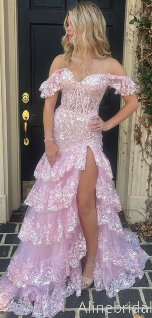 Sparkly Pink Off the Shoulder Lce Ruffles Tiered Mermiad Prom Dress, Evening Dress, PD382292