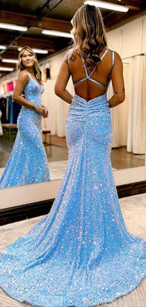 Sparkly Blue Sequins Backless Maxi Mermiad Prom Gown, Evening Gown, PD3822985