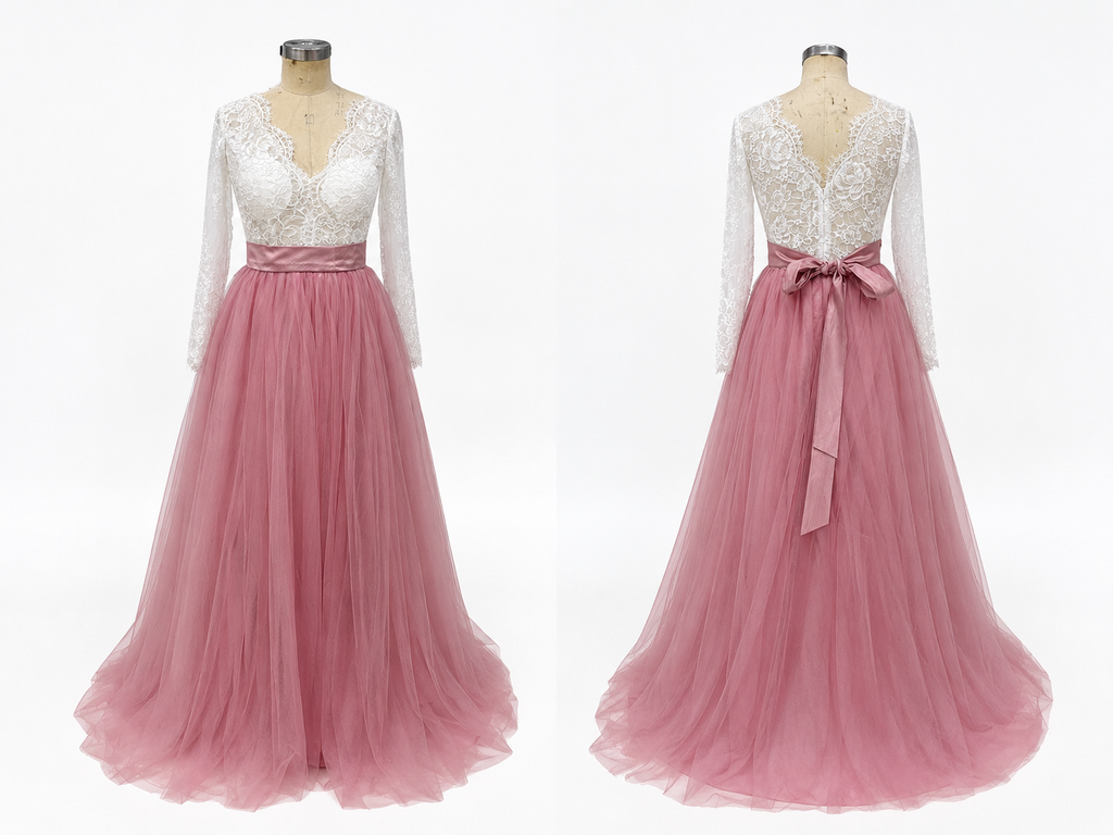 Mulberry Purple V-neck See-through Lace Top Tulle A-line Long Prom Dress, PD3144