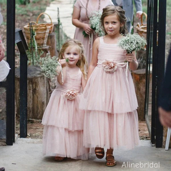 Cute Pink Tiered A-line Tulle Flower Girl Dress with Bow Detailing, FGS192
