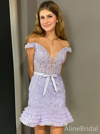 Elegant Purple Off-Shoulder Short Lace Tiered Ruffle Homecoming Dress, HD3200
