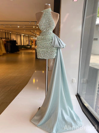 Sparkly Mint Green Sequins Halter A-line Short Homecoming Dress with Train, HD3205
