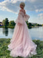 Pink Off Shoulder Sweetheart  A-line Floor length Prom Dress, PD3715