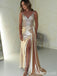 Sparkly Champagne V-neck Side Slit Long Prom Dress, Evening Dress, PD37698