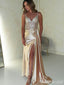 Sparkly Champagne V-neck Side Slit Long Prom Dress, Evening Dress, PD37698