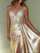 Sparkly Champagne V-neck Side Slit Long Prom Dress, Evening Dress, PD37698